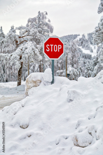Traffic stop sign covered with snow at the crossroads. Image © vladographer