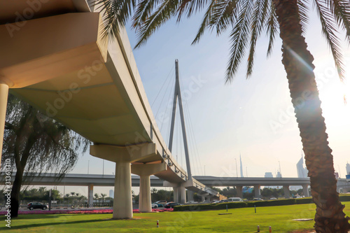 Dubai, UAE December 25/2018 Modern bridge. United arab emirates. Dubai sunset background.