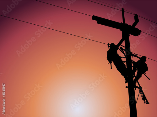The silhouette of lineman are replacing damaged insulator insulators by using insulated wire-tong sets, tie stick and robe box sets in sliding wires going out in a safety working distance.