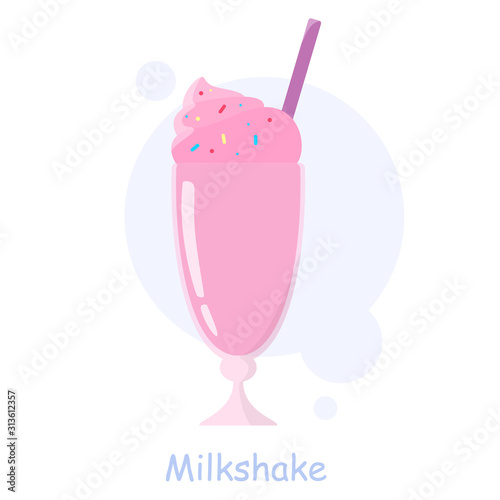 Glass of cold strawberry milkshake with a straw.