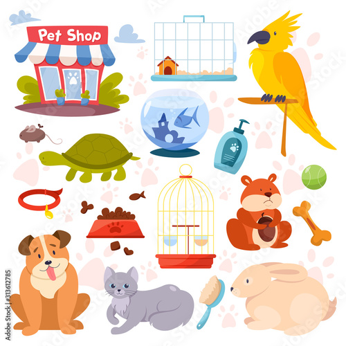 Pet shop set. Cute domestic animals. Food and toy in the store