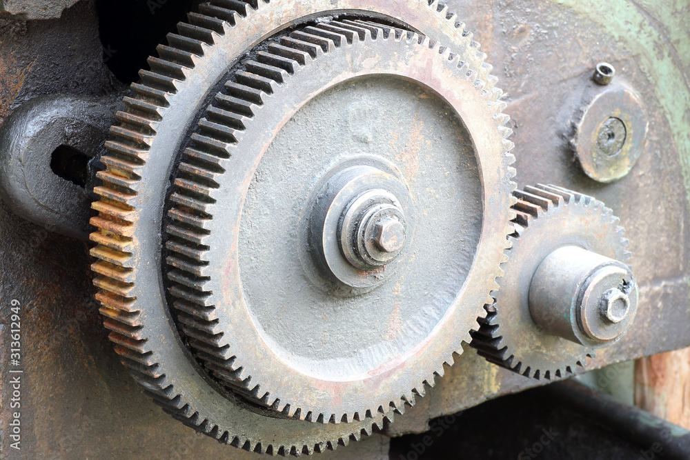 Close up old machine gear, metal cogwheels