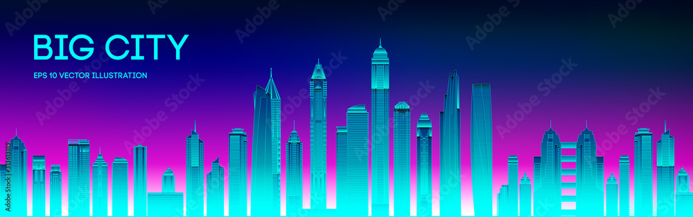 Retro wave background80s. City80s future retro synth illustration. Beach poster futuristic background. Retro laser city cyber concept. Futuristic city with purple night sky sunset. Party vector neon