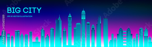 Retro wave background80s. City80s future retro synth illustration. Beach poster futuristic background. Retro laser city cyber concept. Futuristic city with purple night sky sunset. Party vector neon