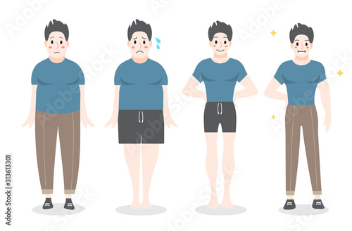 From fat to fit concept. Man loosing his weight.