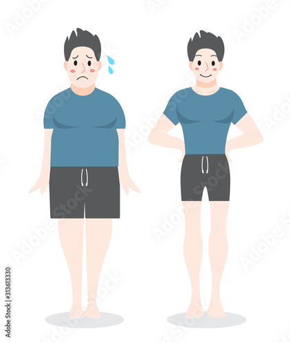 From fat to fit concept. Man loosing his weight.