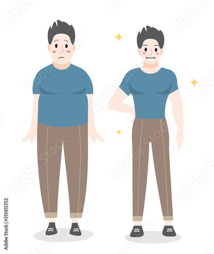 From fat to fit concept. Man loosing his weight.