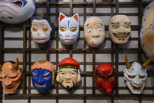 Japanese Kabuki Wooden Masks. Kabuki is a classical Japanese dance-drama.