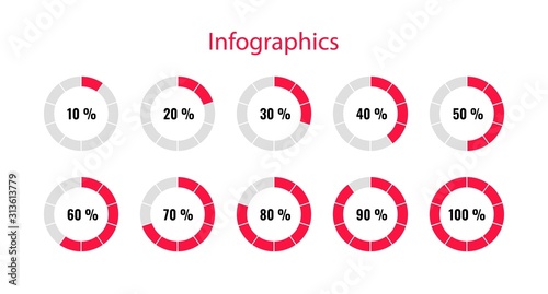 Wallpaper Mural Vector illustration of Percentage Infographics. From 10 to 100 percent red and grey pie charts. In progress concept.  Torontodigital.ca