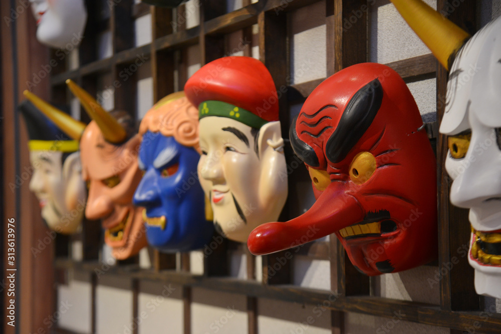 Japanese Kabuki Wooden Masks. Kabuki is a classical Japanese dance-drama.