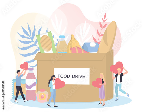 Charity concept. People donate food to help poor people.