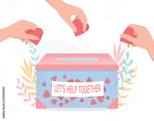 Donation concept. Little people holding hearts as a methaphor of philanthropy.