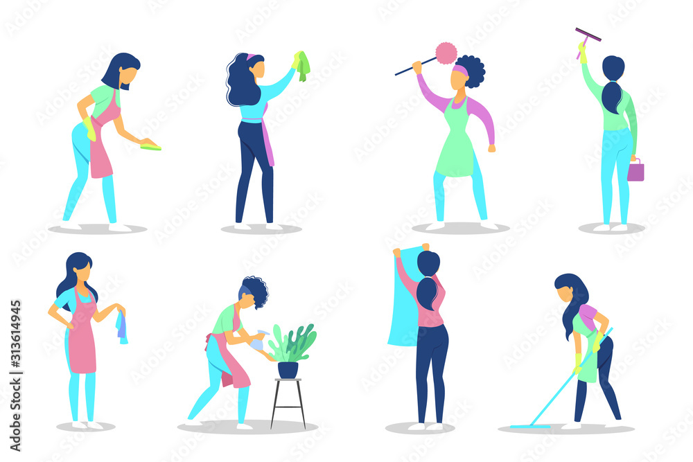 Fototapeta premium Cleaning set. Collection of people doing housework.
