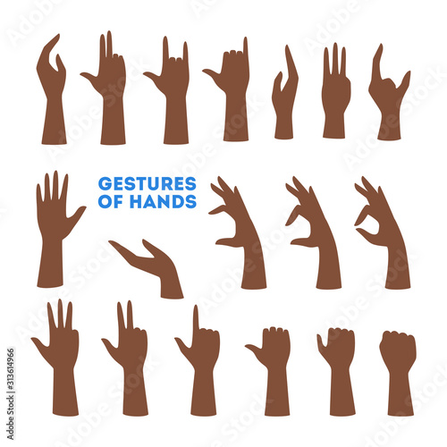 Set of hands showing different gestures. Palm pointing at something