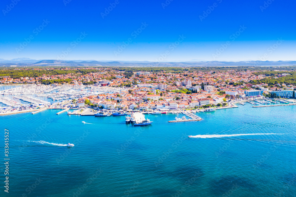Croatia, town of Biograd, panoramic view of marina and historic town center, Adriatic seascape