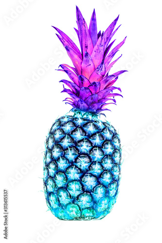 Creative macro photo of pineapple fruit close-up in 2020 color trend in blue tones. Blue pineapple isolated on a white background. Creative idea.