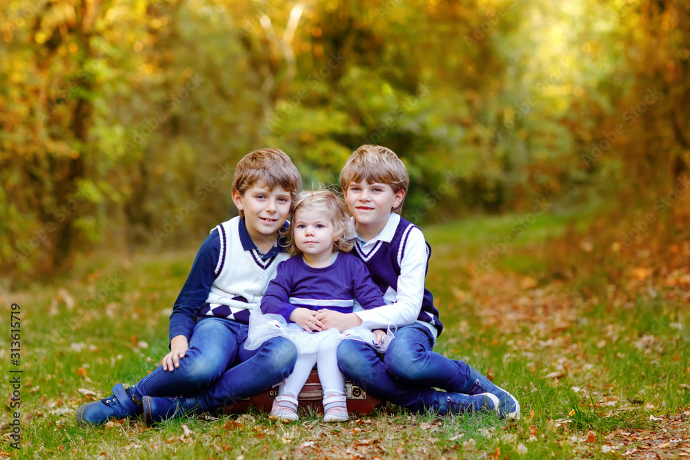 Portrait of three siblings children. Two kids brothers boys and little cute toddler sister girl having fun together in autumn forest. Happy healthy family playing, walking, active leisure on nature