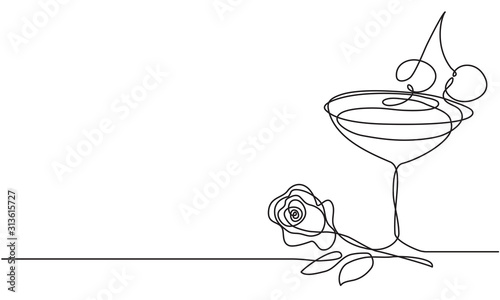 Love, wine and rose flower. Continuous line drawing. Vector sketch. Alcoholic cocktail with cherry.