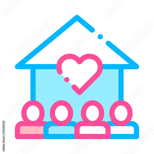 Volunteers Support House Vector Thin Line Icon. Volunteers Support, Charitable Organizations Linear Pictogram. Heart On Building, People Silhouette Blood Donor Illustration