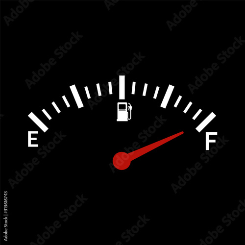 Fuel gauge nearly full with red indicator. Isolated easy to edit vector design on black background.