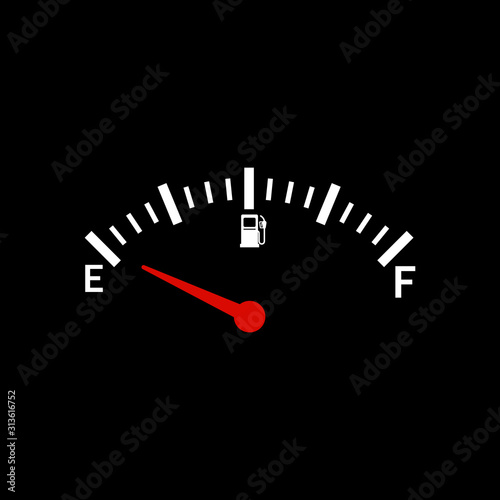 Fuel indicator.illustration on black background. Abstract isolated vector design. Fuel gauge indicating nearly empty.