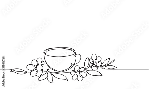Cup of tea and flowers. Continuous line drawing. Sketch. Herb tea. Healing drink