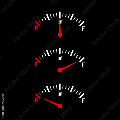 Realistic illustration of fuel indicator set with full, empty and half tank. Isolated on black background - vector