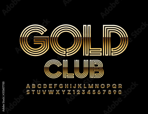Vector chic Logo Gold Club. Luxury Alphabet Letters and Numbers. Unique Stylish Font.