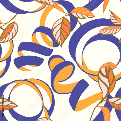 Lemon peel cut and twist. Citrus tree leaves, Botanical seamless pattern. Plant and fruit vegetal background in trendy flat style. Spiral ribbons. Textile and fabric design.