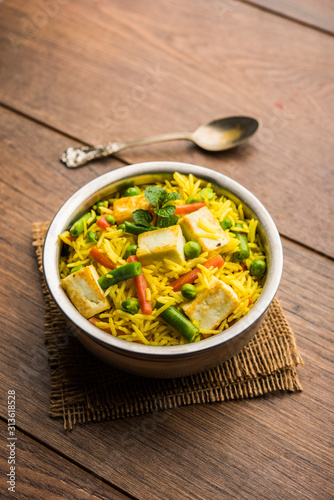 Vegetarian paneer biryani Or Panir Pulav, popular indian food