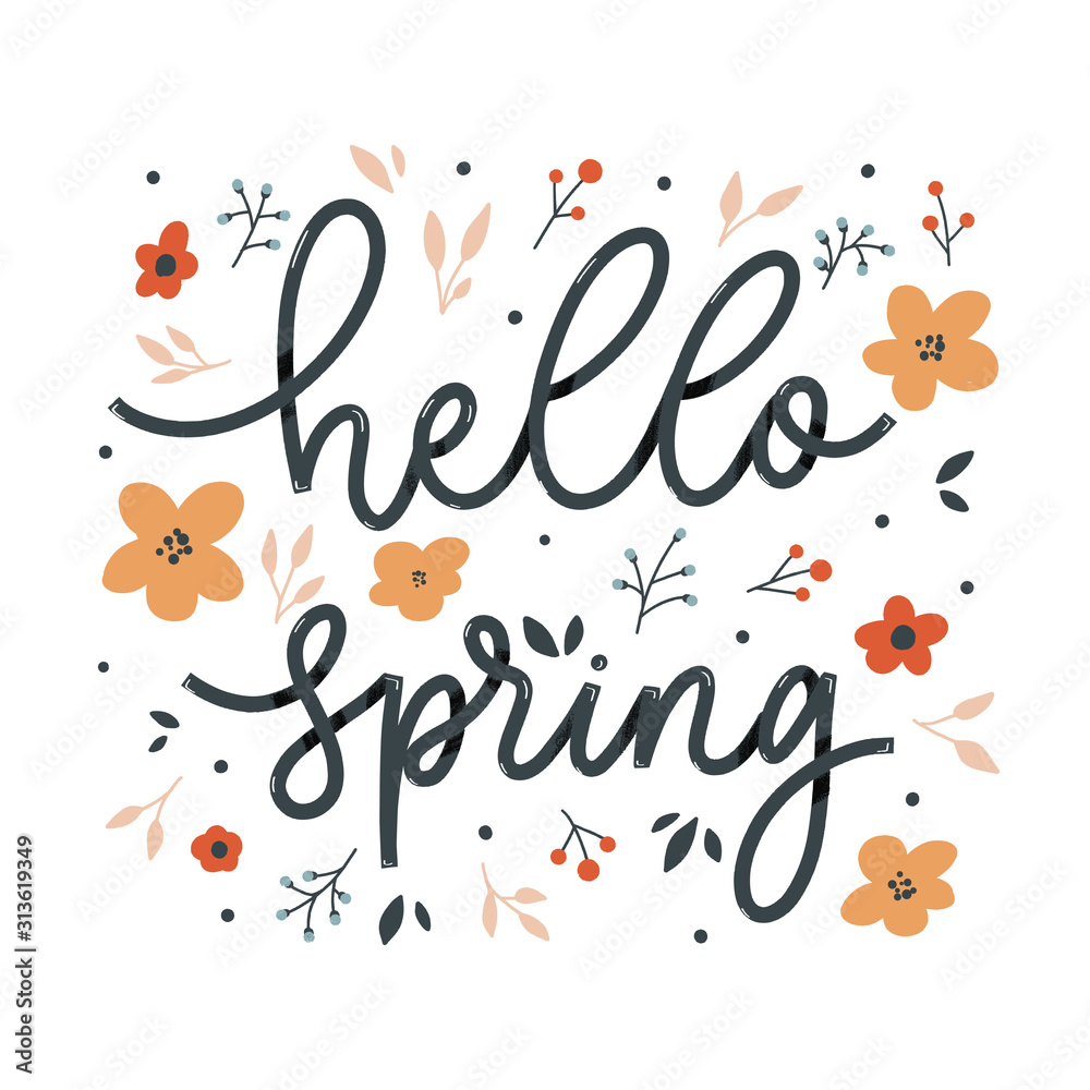 Obraz premium Hello spring lettering inscription with flowers. Love card.