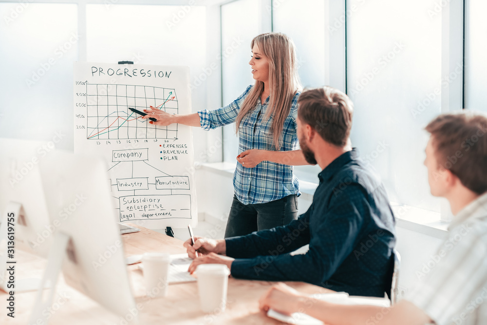 business woman makes a report to the business team at a meeting in the office business woman makes a report to the business team at a meeting in the office