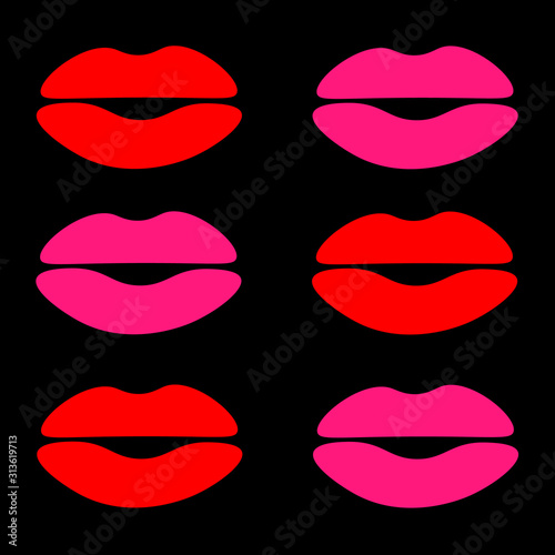 Seamless pattern with red and pink lips on black background