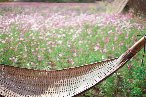 flowers in the garden and bamboo cot