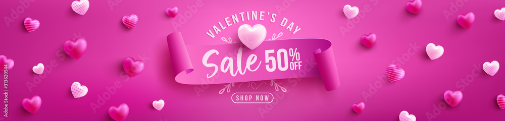 Valentine's Day Sale 50% off Poster or banner with sweet hearts and on pink background.Promotion and shopping template or background for Love and Valentine's day concept.Vector illustration eps 10