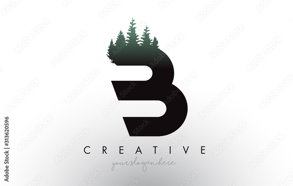 Creative B Letter Logo Idea With Pine Forest Trees. Letter B Design ...