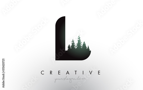 Creative L Letter Logo Idea With Pine Forest Trees. Letter L Design With Pine Tree on Top