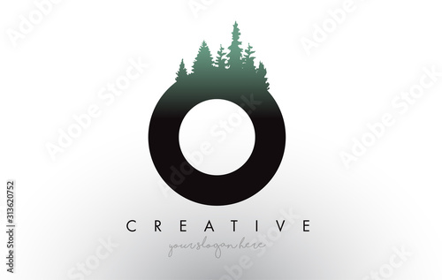 Creative O Letter Logo Idea With Pine Forest Trees. Letter O Design With Pine Tree on Top