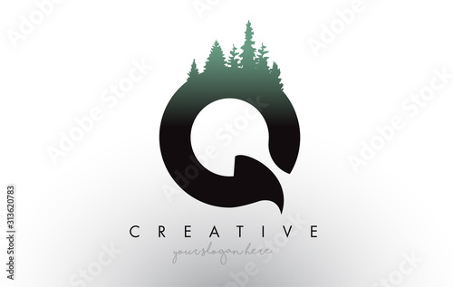 Creative Q Letter Logo Idea With Pine Forest Trees. Letter Q Design With Pine Tree on Top