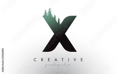 Creative X Letter Logo Idea With Pine Forest Trees. Letter X Design With Pine Tree on Top