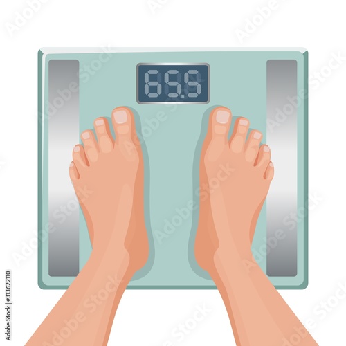 Gain weight concept. Fat female foot on scale. Vector