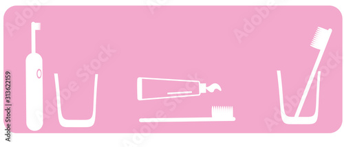 Vector illustrated teeth cleaning sets - electronic toothbrush, toothpaste, toothbrush