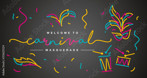 Welcome to Carnival masquerade 2020 handwritten typography line design colorful party elements black banner