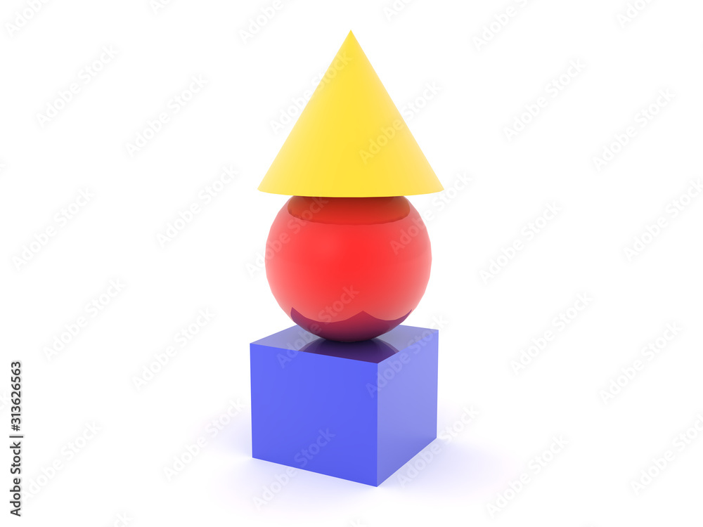 3D Rendering of three colorful geometric objects, a cube, a cone and sphere 3D Rendering of three colorful geometric objects, a cube, a cone and sphere