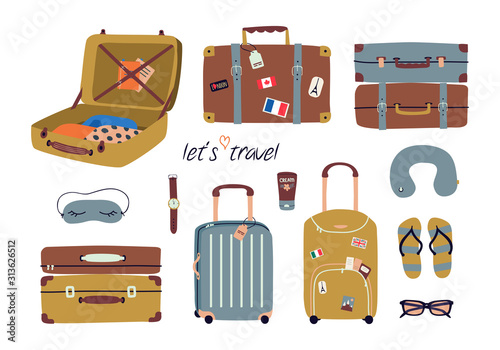 Vector set with travel stuff: luggage bags, suitcases, sunglasses, cosmetics, clothes. Trendy colorful vacation design elements in cartoon style isolated on white