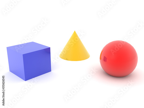 3D Rendering of three colorful geometric shapes