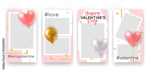 Vector set with trendy editable templates for social networks stories. Valentine's Day modern banners with hearts, balloons and phrases