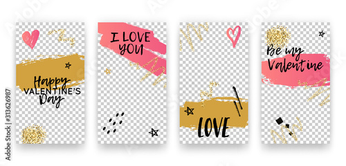Vector set with trendy editable templates for social networks stories. Valentine's Day modern banners with hearts and phrases