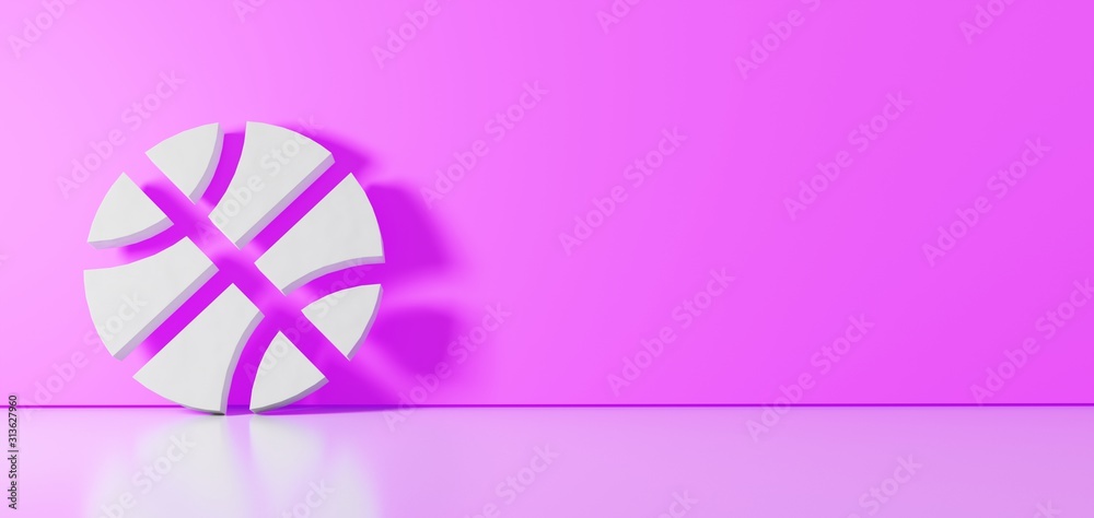 3D rendering of white symbol of basketball ball icon leaning on color wall with floor reflection with empty space on right side 3D rendering of white symbol of basketball ball icon leaning on color wall with floor reflection with empty space on right side