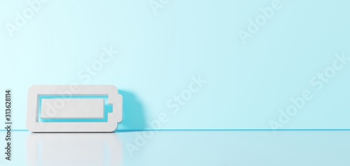 3D rendering of white horizontal symbol of battery full icon leaning on color wall with floor reflection with empty space on right side